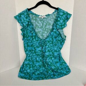 Derek Lam Green & Blue Floral Sleeveless Crepe Blouse Ruffle Trim Dainty Ties 6